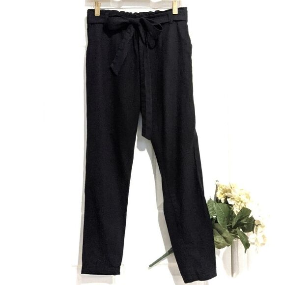 Awesome  Paperbag Black Ankle Pants Slim Legs Cotton Linen Blend - Picture 1 of 7
